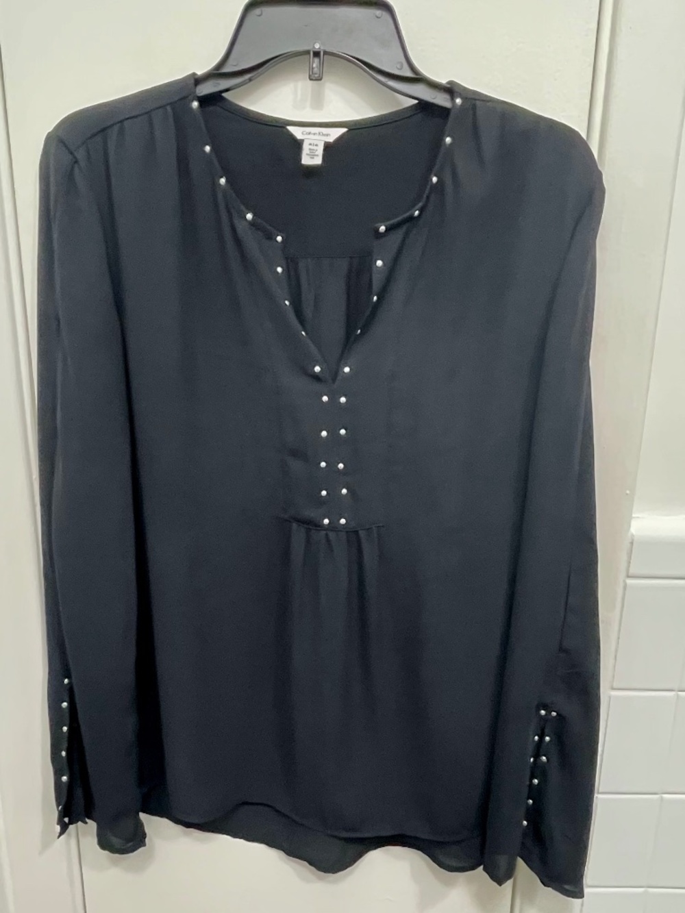 Calvin Klein Flutter Sleeve Blouse-Black-Medium